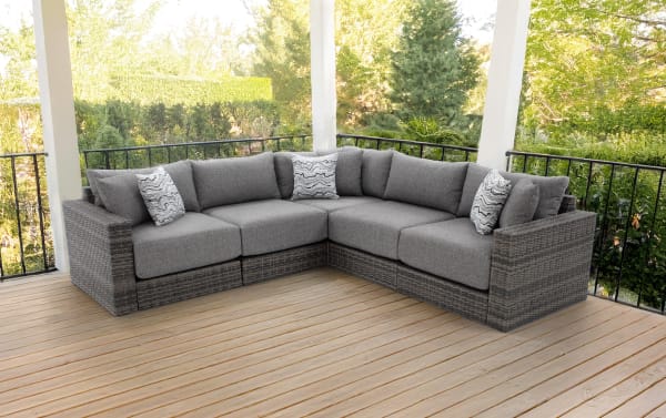 Transitional Modular Bob® Brown Wicker Outdoor Storage Console in gray cushions with all-weather wicker and aluminum frame, L-shaped sectional with built-in storage and cup holders, part of Modular Bob Outdoor collection.