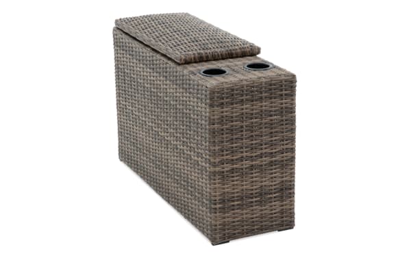 Modular Bob® Brown Wicker Outdoor Storage Console in transitional style, made with rust-proof aluminum and all-weather brown wicker. Features built-in storage and two cup holders, ideal for outdoor use in the Modular Bob Outdoor collection.