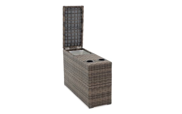 Modular Bob® Brown Wicker Outdoor Storage Console in transitional style, featuring all-weather wicker, rust-proof aluminum, built-in storage with hinged lid, and dual cup holders.