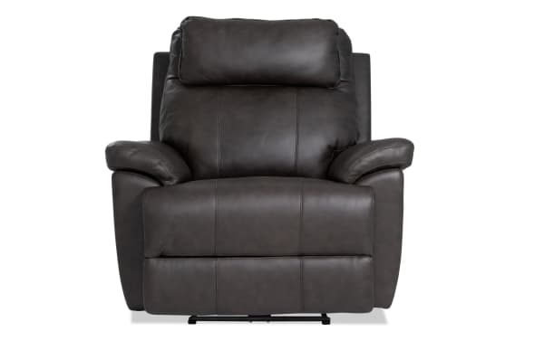Commander dark brown leather power recliner with USB and USB-C ports, transitional style, wide seat, high back, and soft padded armrests for enhanced comfort.