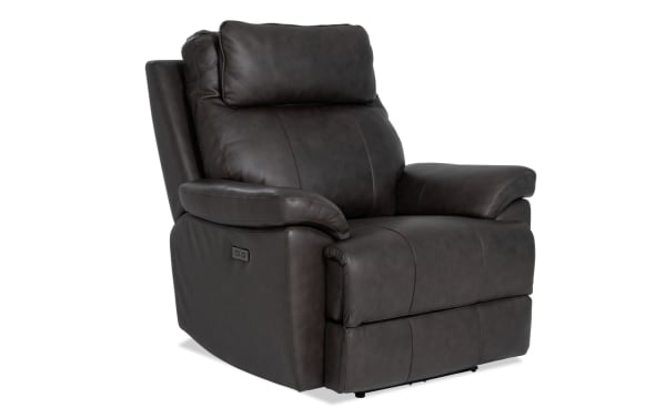 Commander dark brown leather power recliner with USB and USB-C ports, transitional style, wide seat, high back, and power recline function.