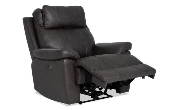 Commander Dark Brown Leather Power Recliner with USB & USB-C ports, transitional style, wide seat, high back, and plush leather upholstery for enhanced comfort.