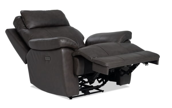 Commander Dark Brown Leather Power Recliner in transitional style with wide seat, high back, USB & USB-C ports, and 400lb capacity mechanism.