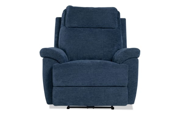 Commander Navy Power Recliner in polyester fabric with transitional style, wide seat, high back, and built-in USB & USB-C ports for enhanced comfort.