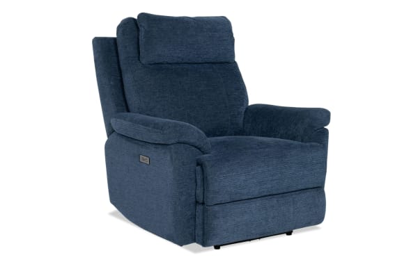 Commander Navy Power Recliner with USB & USB-C ports, navy blue polyester fabric, transitional style, wide seat, high back, memory foam cushioning.