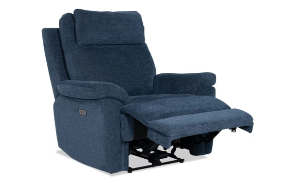 Commander Navy Power Recliner in blue polyester fabric with power recline, USB & USB-C ports, wide seat, high back, and memory foam cushioning