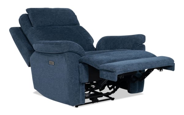 Transitional Commander Navy Power Recliner in blue polyester fabric with USB and USB-C ports, wide seat, high back, and memory foam cushioning.