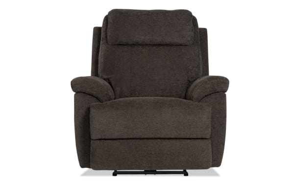 Commander Brown Power Recliner in brown polyester fabric with transitional style, wide seat, high back, power recline, and USB/USB-C ports.