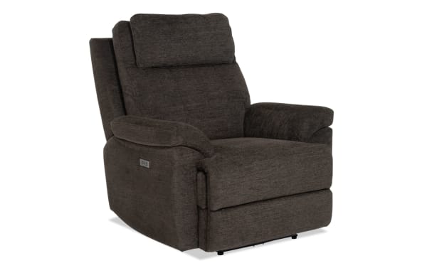 Commander Brown Power Recliner in brown polyester fabric with transitional style, wide seat, high back, USB & USB-C ports, and memory foam cushioning.