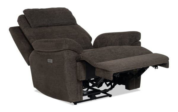 Commander Brown Power Recliner in brown polyester fabric with transitional style, featuring power recline and USB/USB-C ports for enhanced comfort.