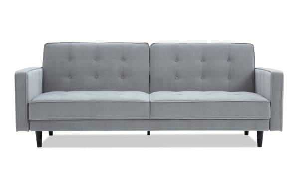 Mellow Gray Futon in gray polyester fabric with soft foam padding, transitional style, tufted back cushions, and slim black legs, ideal for home office or guest room.