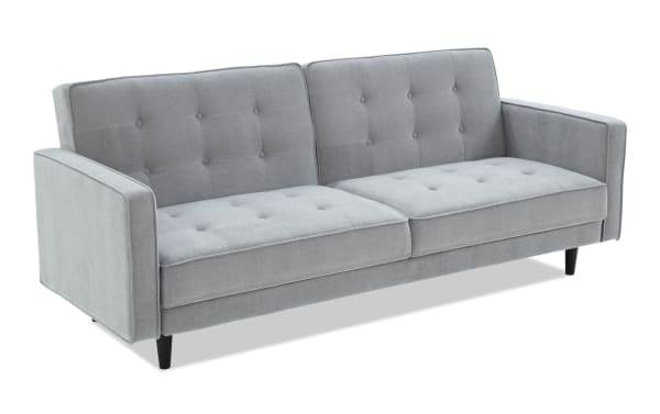 Mellow Gray Futon in transitional style with soft gray polyester fabric upholstery, tufted cushions, and foam padding, ideal for home office or guest room.