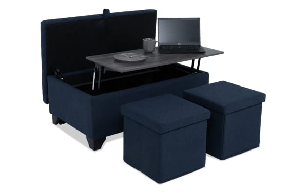 Navy Playday Upholstered Lift-Top Tray Table Ottoman with hidden storage, two matching fabric stools, polyester fabric, MDF, and metal frame.