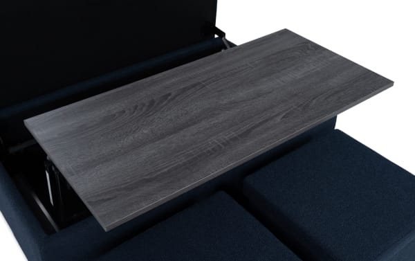 Navy Playday Upholstered Lift-Top Tray Table Ottoman with polyester fabric, MDF tray, metal lift mechanism, and hidden storage in transitional style.