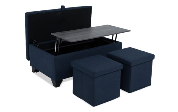Playday Navy Upholstered Lift-Top Tray Table Ottoman with hidden storage, polyester fabric, MDF tray, metal lift mechanism, and two matching navy stools.