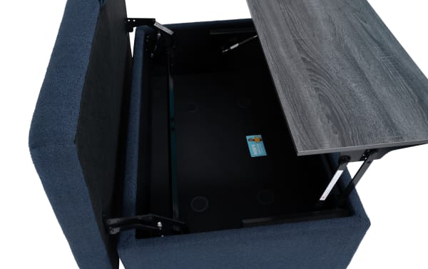 Navy Playday Upholstered Lift-Top Tray Table Ottoman with polyester fabric, MDF tray, metal lift mechanism, and hidden storage compartment.