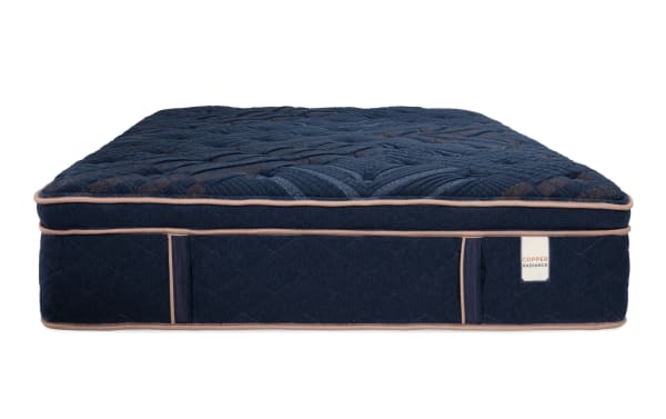 Copper Radiance 14.5'' Queen Plush Boxed Mattress with navy blue copper-infused quilted cover, plush hybrid layers, and memory foam, from Copper Radiance collection.