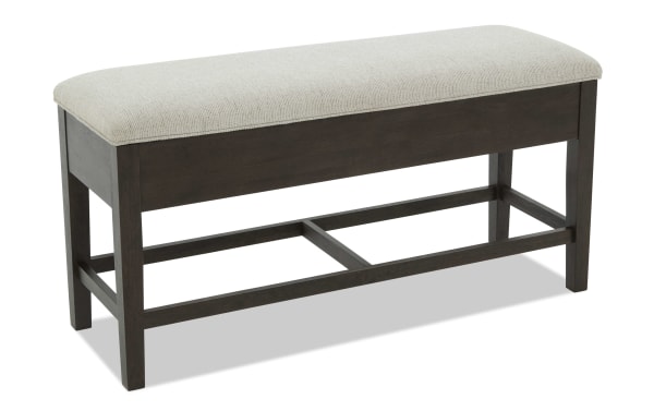 Contemporary Encore Brown & Beige Upholstered Counter Height Dining Bench with polyester fabric, Bob-O-Pedic® memory foam seat, and storage in acacia veneer frame