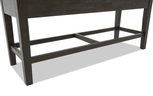 Contemporary Encore Brown & Beige Upholstered Counter Height Dining Bench with polyester fabric, acacia veneer frame, and built-in storage.