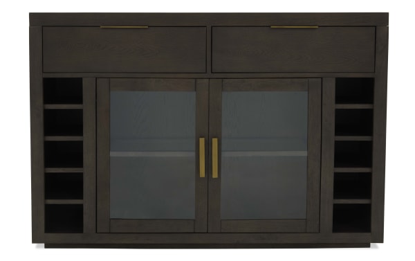 Encore Brown 2 Drawer Server from Encore Dining collection, contemporary style with dark MDF/acacia veneers, tempered glass doors, felt-lined drawers, and wine storage.