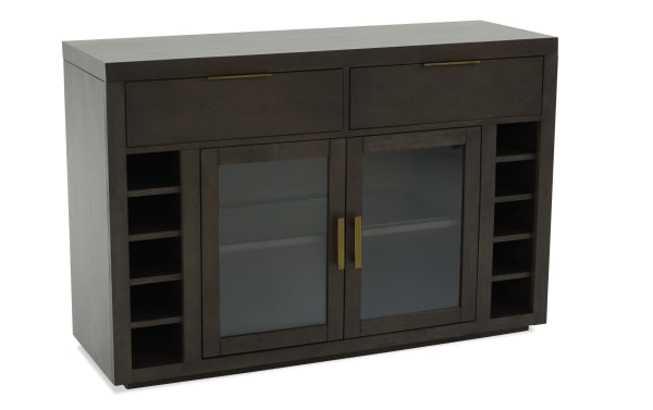 Contemporary Encore Brown 2 Drawer Server with MDF/acacia veneers, tempered glass doors, felt-lined drawers, and wine storage shelves.