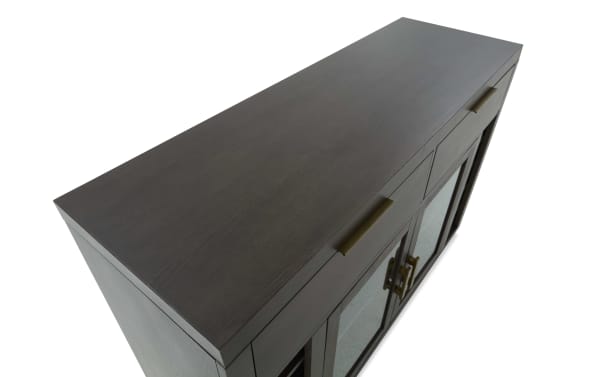 Contemporary Encore Brown 2 Drawer Server in MDF and acacia veneers with dark brown finish, tempered glass doors, and brass handles.