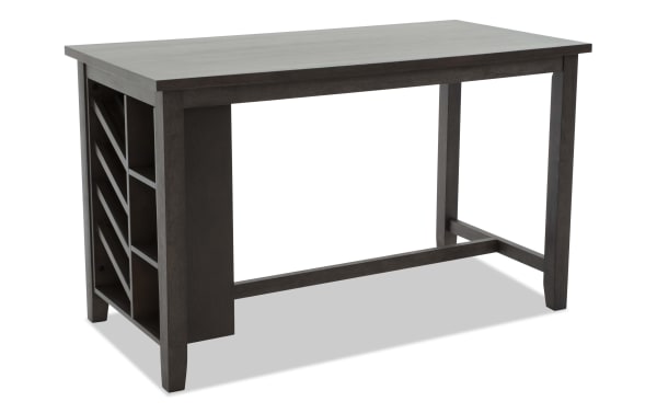 Contemporary Encore Brown Counter Height Kitchen Island with MDF, Acacia veneers, built-in wine storage shelves, and sturdy leg supports.