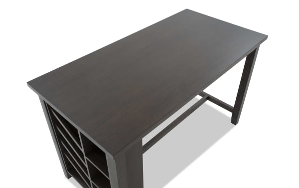 Contemporary Encore Brown Counter Height Kitchen Island with dark acacia veneer top, built-in wine storage shelves, and sturdy MDF frame.