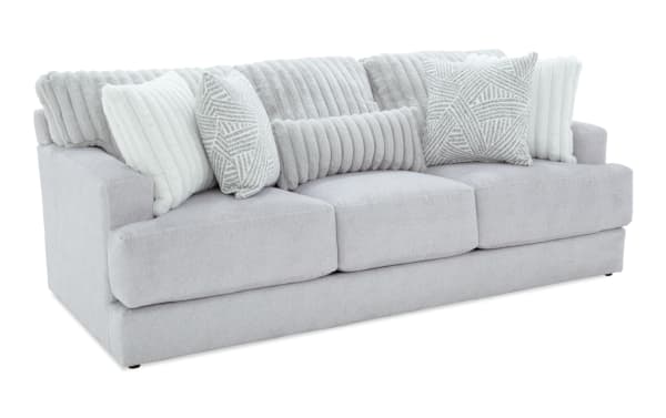 Contemporary Sofia Gray 93'' Sofa with gray polyester fabric upholstery, channel tufted back cushions, and multiple accent pillows for luxury and comfort.