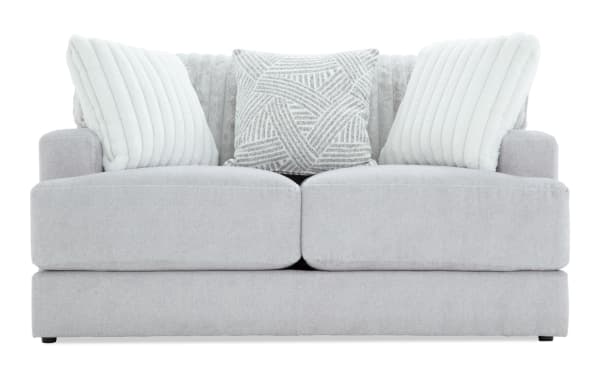 Contemporary Sofia Gray 70'' Loveseat in gray polyester fabric with channel tufted back cushions, plush accent pillows, and memory foam seating for comfort.