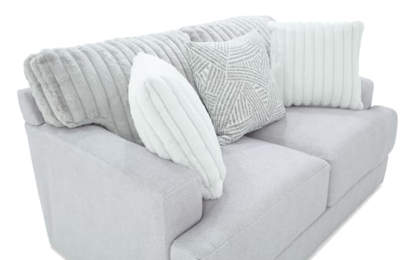 Contemporary Sofia Gray 70'' Loveseat in gray polyester fabric with channel tufted back cushions and plush accent pillows for added comfort.