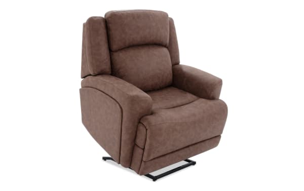 Zeus Brown Massaging Power Lift Recliner with Power Headrest, traditional style brown polyester fabric, wide seat, high back, designed for larger individuals with heat, massage, and lumbar support features.