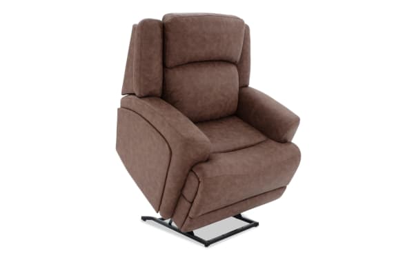 Zeus Brown Massaging Power Lift Recliner with Power Headrest, traditional brown polyester fabric, wide seat, high back, designed for larger users, includes massage, heat, lumbar support, and memory foam cushioning.