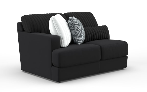 Black modern loveseat sofa with ribbed back cushions, two decorative pillows in white and gray geometric pattern, featuring a sleek fabric upholstery and compact design for small living spaces.