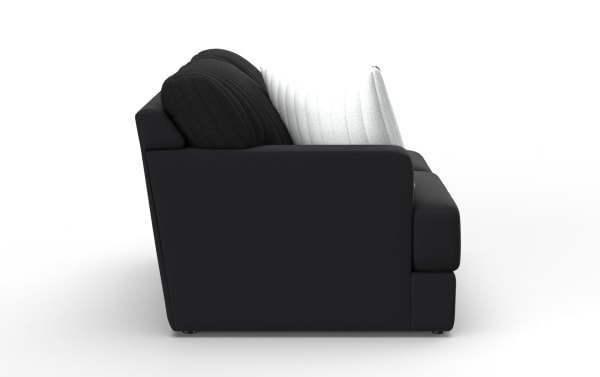 Modern black fabric sofa with plush cushions, featuring a sleek, minimalist design and comfortable padded armrests, shown from the side.