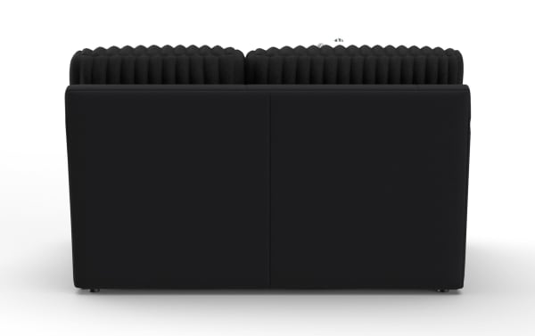 Black modern two-seater sofa with ribbed textured back cushions and smooth fabric upholstery, ideal for contemporary living spaces.
