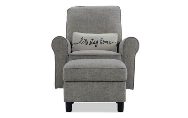Light gray Cottage Chic fabric swivel glider chair with matching storage ottoman, polyester upholstery, nailhead accents, and "let's stay home" pillow.
