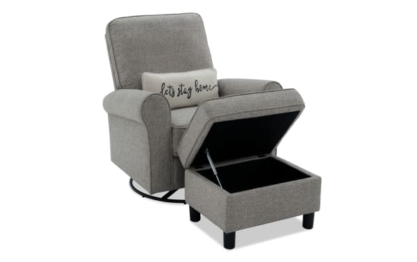 Light gray Cottage Chic fabric swivel glider chair with memory foam, matching storage ottoman, and "let's stay home" accent pillow.