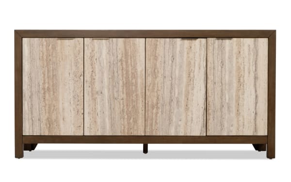 Modern sideboard cabinet with a dark wood frame and four vertically striped beige travertine stone doors, offering stylish storage.
