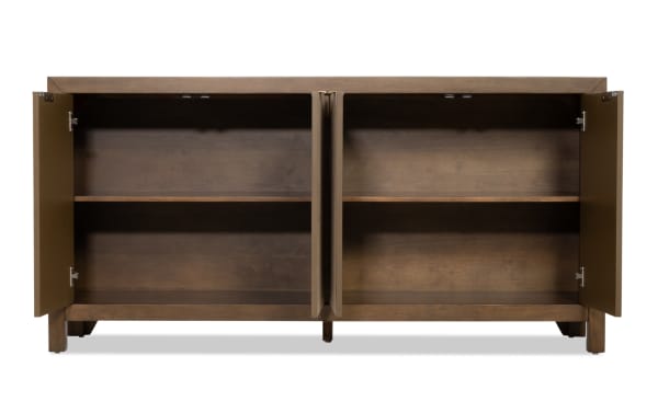 Wooden storage cabinet with two open doors revealing two spacious shelves inside, featuring a dark brown finish and sturdy legs.