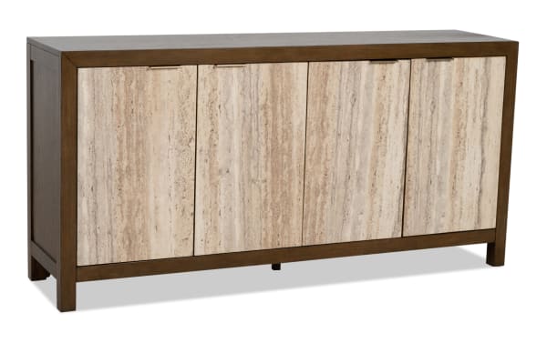 Modern sideboard cabinet with a dark wood frame and four travertine stone veneer doors, featuring sleek metal handles and a minimalist design.