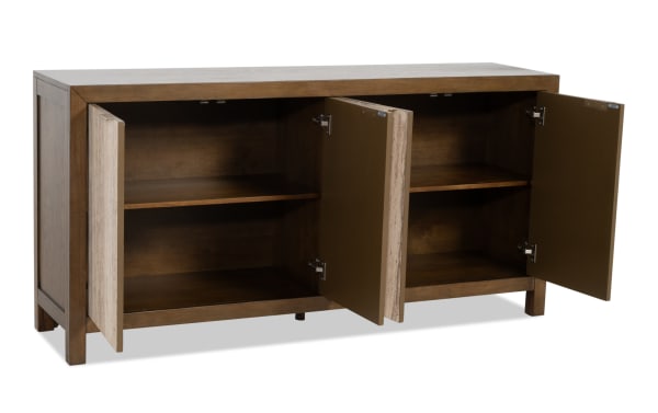 Wooden storage cabinet with four open doors, featuring two shelves inside each compartment, medium brown finish with contrasting lighter door edges.