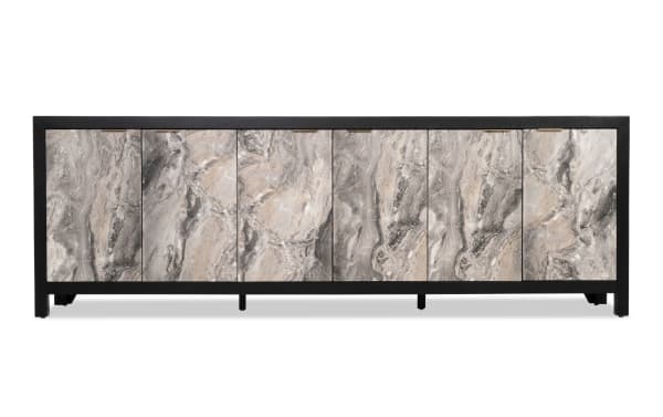 Modern sideboard cabinet with six doors featuring a gray and beige marble pattern, framed in black wood, ideal for living room storage.