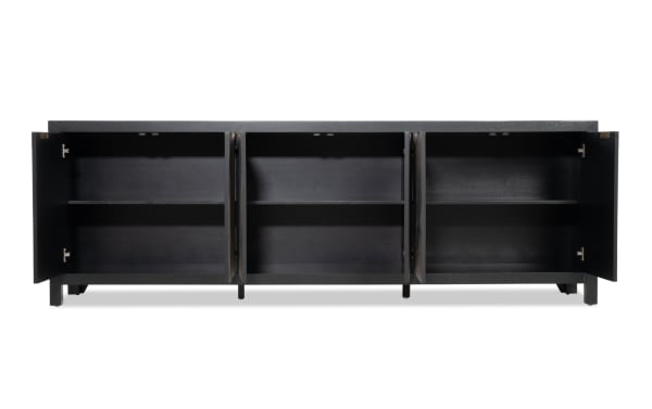 Black wooden sideboard with three open double doors, featuring two spacious shelves inside each compartment, modern minimalist design.