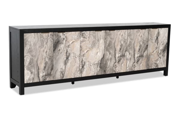 Modern sideboard cabinet with black wooden frame and marble-textured gray and beige doors, featuring six panels and minimalist brass handles.