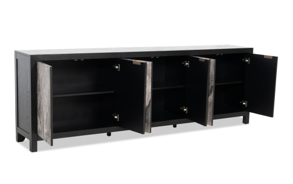 Modern black wooden sideboard with four open doors revealing spacious interior shelves, featuring gray marble-textured door accents for stylish storage.