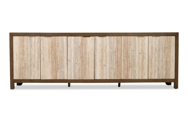 Modern sideboard cabinet with six travertine stone doors framed in dark wood, featuring a natural beige and brown striped pattern, ideal for stylish living room storage.