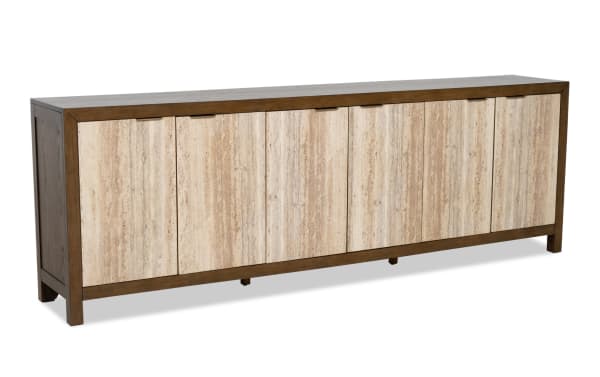 Long modern sideboard cabinet with six doors, featuring a dark wood frame and light beige travertine stone panels, ideal for living room storage.