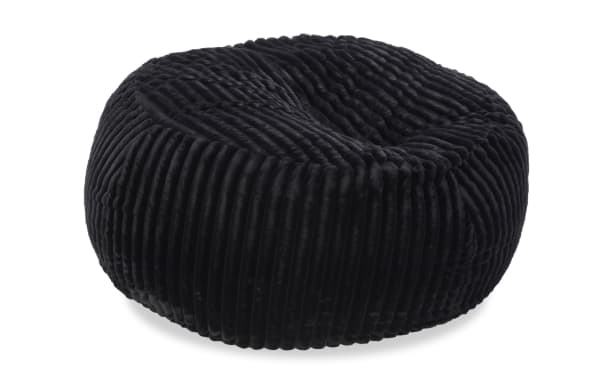Sofia Black Sploosh Accent Chair in plush black polyester fabric with ribbed texture, transitional style, and a soft, rounded marshmallow-like design for cozy seating.
