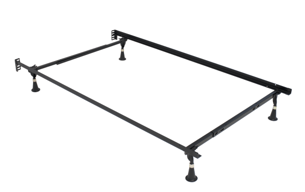 Twin/Full bed frame made of black steel with adjustable side rails and sturdy support legs, designed for durable, stable mattress support.